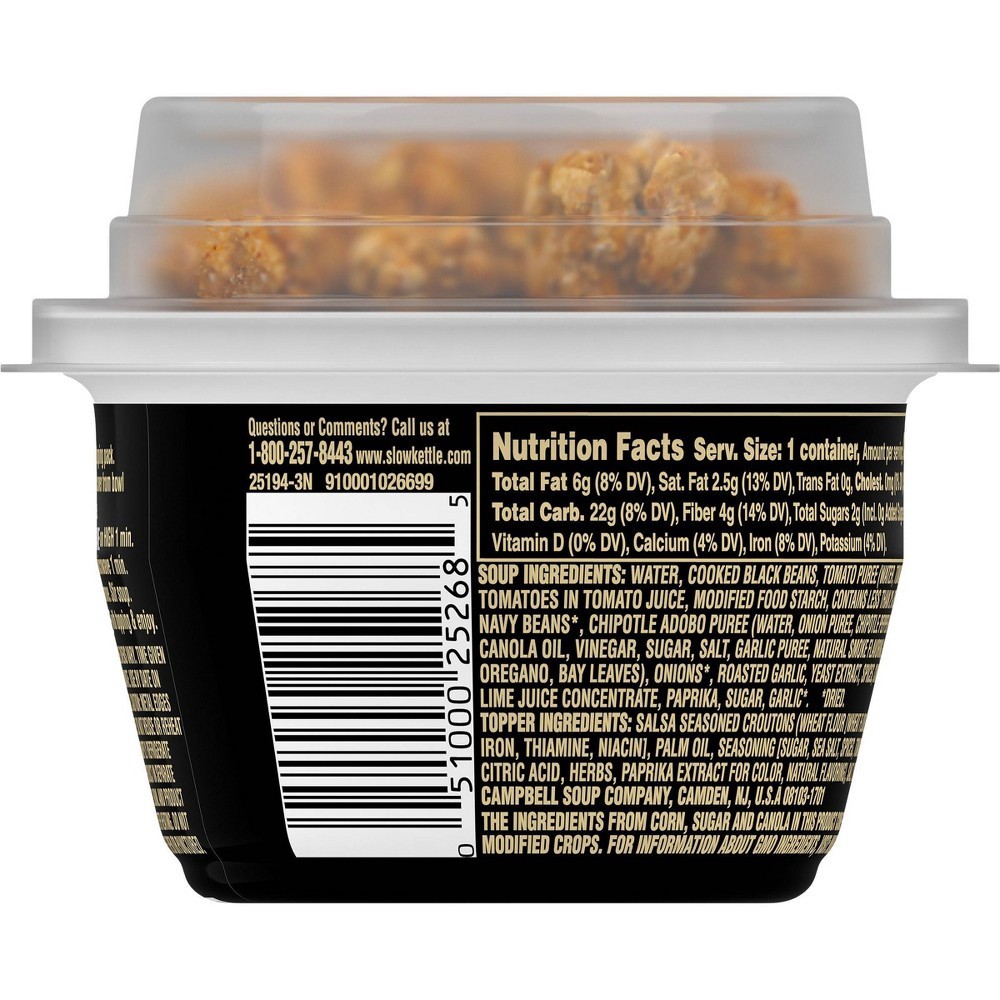 slide 7 of 7, Campbell's Slow Kettle Style Black Bean Soup with Croutons Microwavable Cup, 7.44 oz