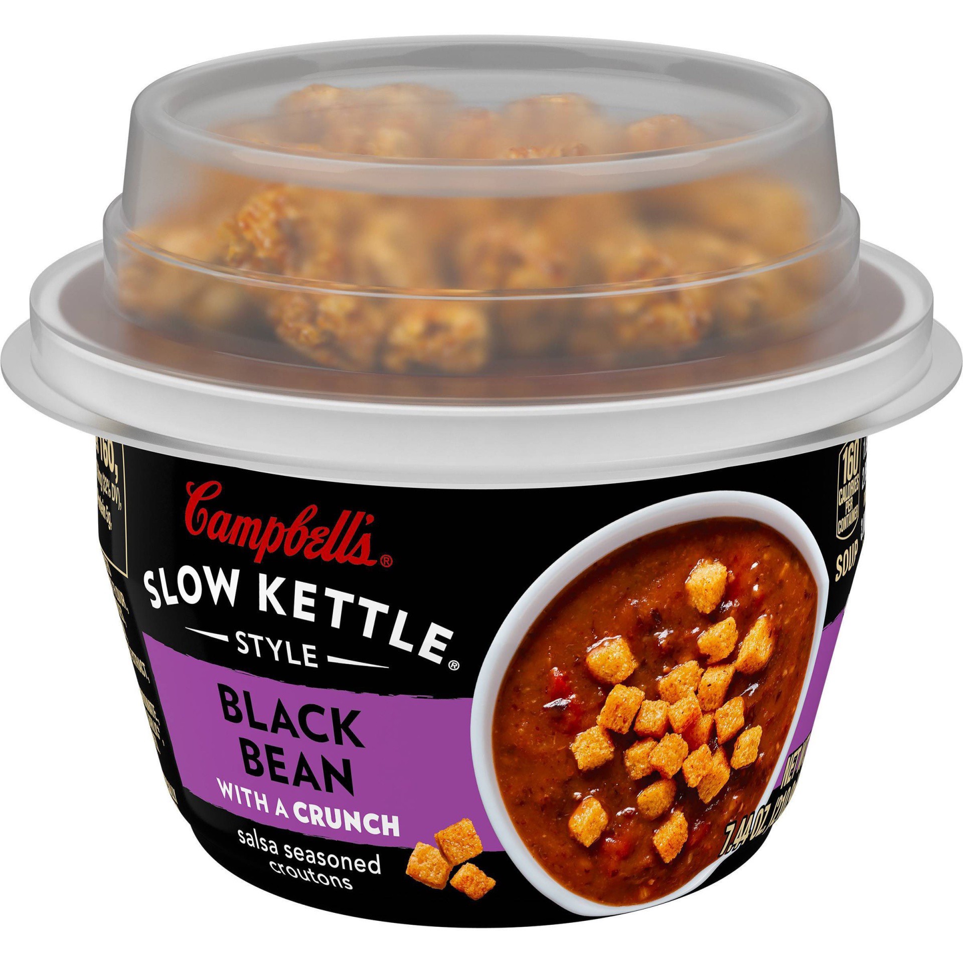 slide 1 of 7, Campbell's Slow Kettle Style Black Bean Soup with Croutons Microwavable Cup, 7.44 oz