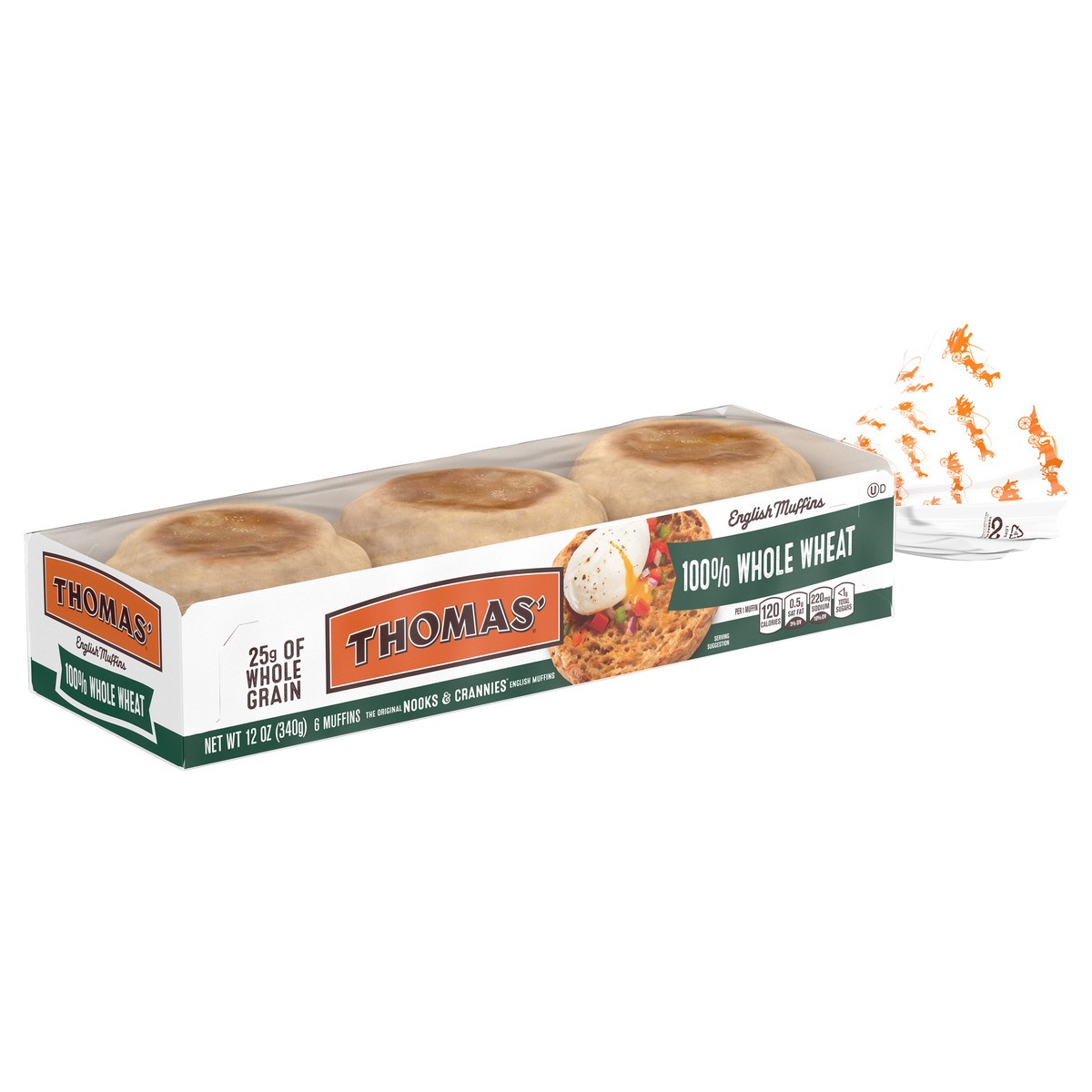 slide 7 of 12, Thomas' Whole Wheat English Muffins, 6 count, Soft English Muffins, 12 oz Tray, 6 ct