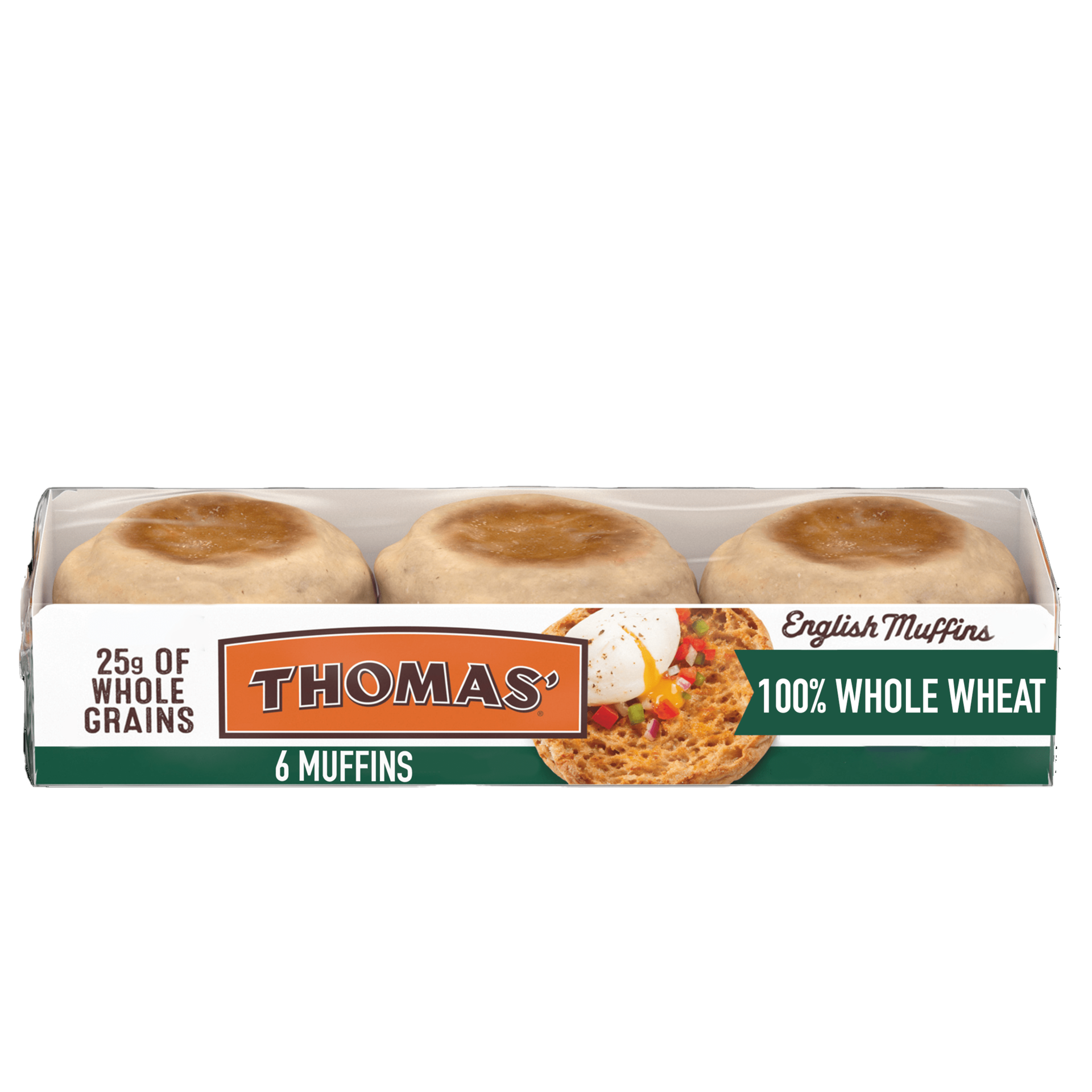 slide 1 of 12, Thomas' Whole Wheat English Muffins, 6 count, Soft English Muffins, 12 oz Tray, 6 ct