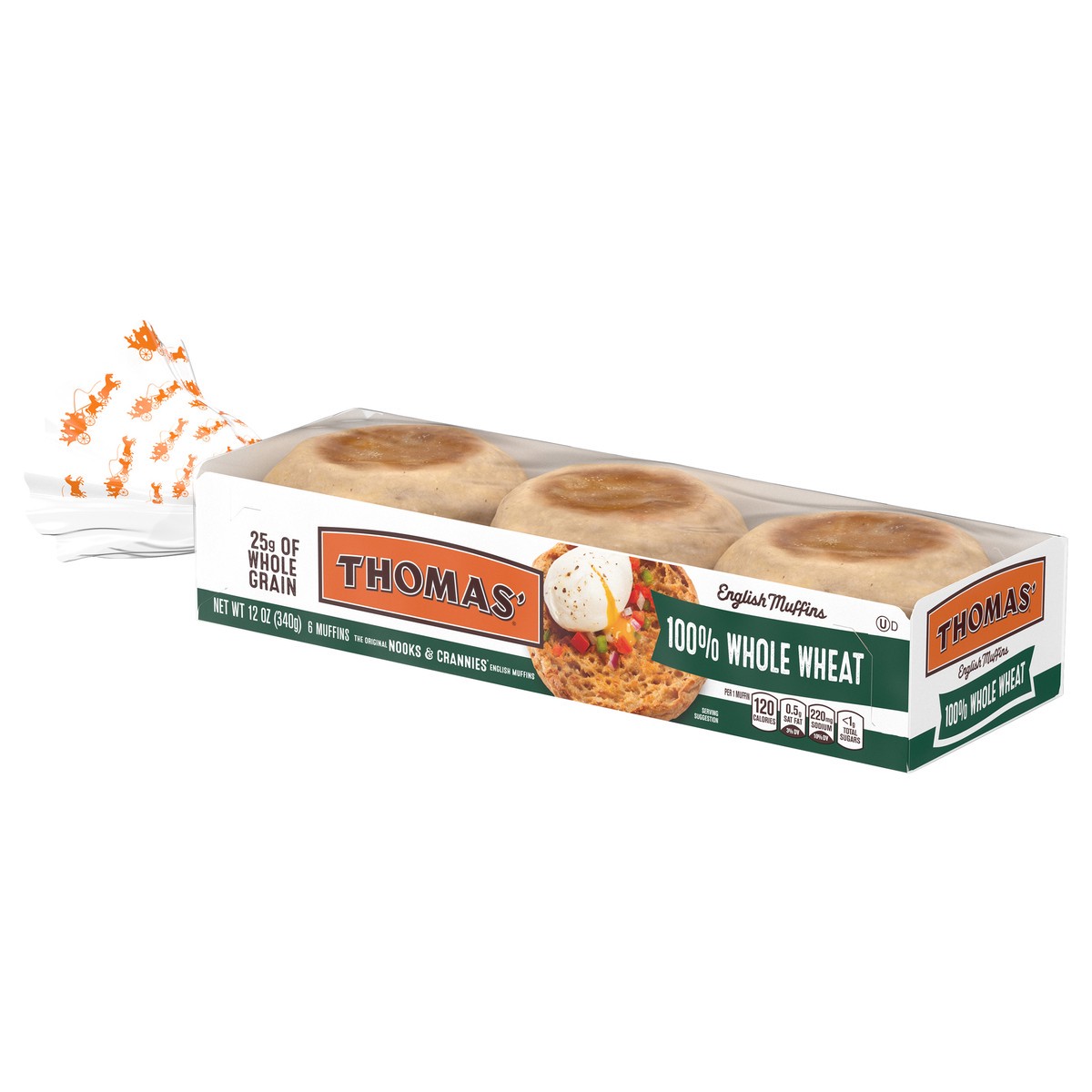 slide 12 of 12, Thomas' Whole Wheat English Muffins, 6 count, Soft English Muffins, 12 oz Tray, 6 ct