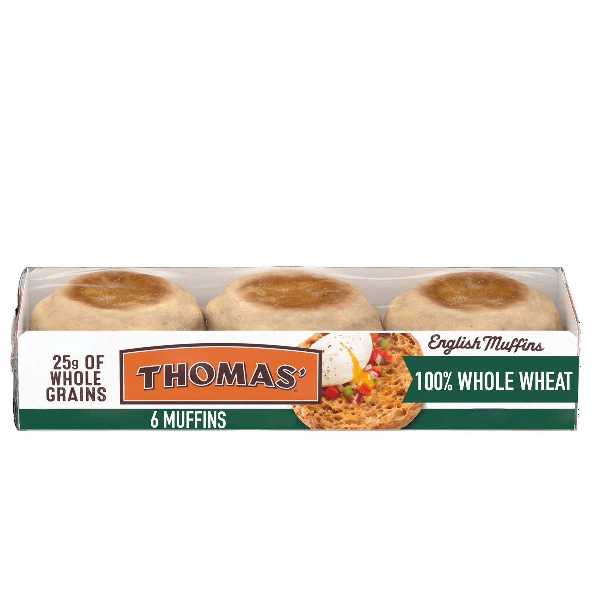 slide 1 of 12, Thomas' Whole Wheat English Muffins, 6 count, English Muffins, 12 oz Tray, 6 ct