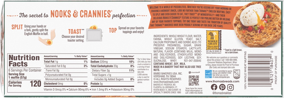 slide 6 of 12, Thomas' Whole Wheat English Muffins, 6 count, Soft English Muffins, 12 oz Tray, 6 ct