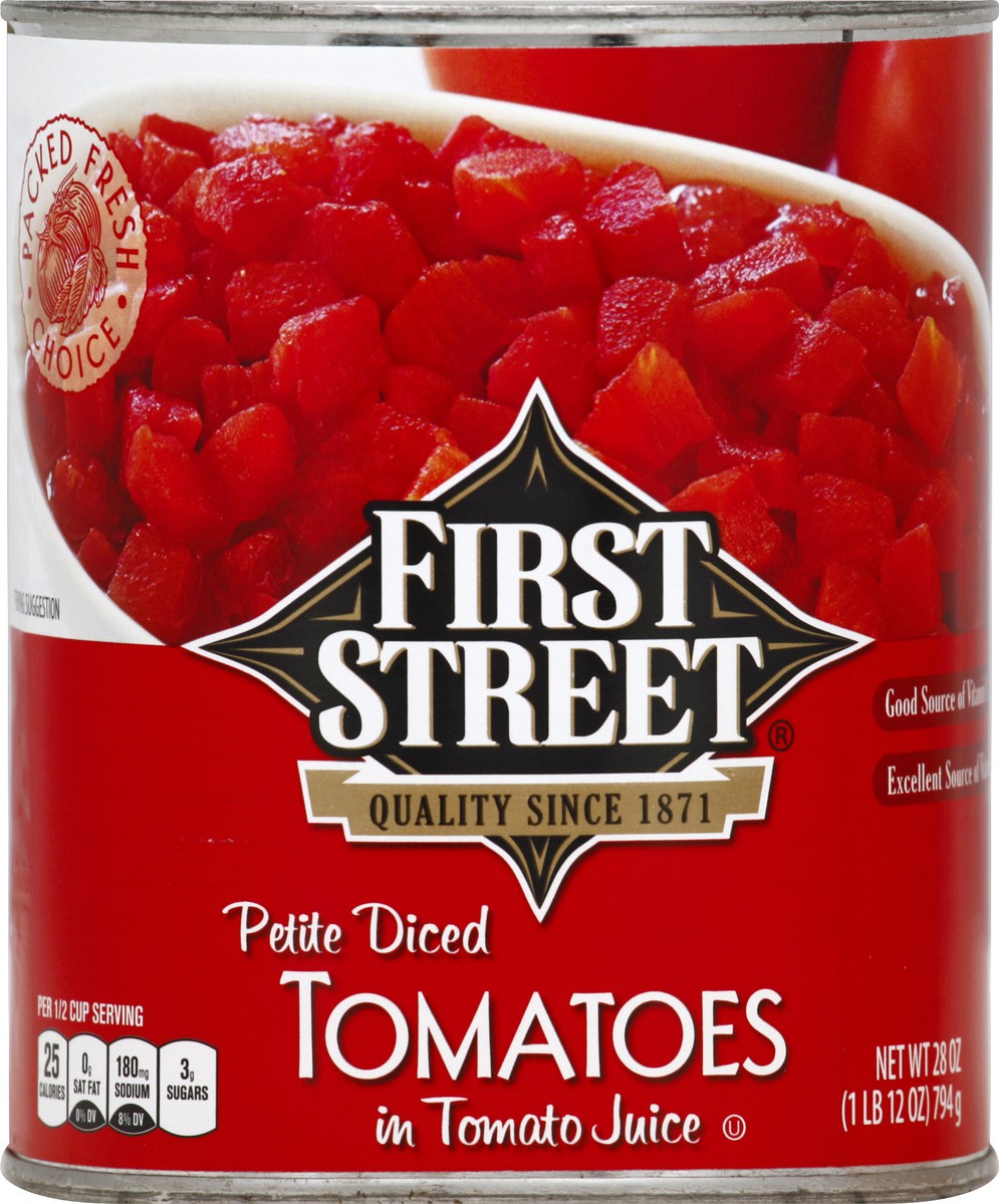 slide 3 of 6, First Street Petite Diced Tomatoes, 28 oz