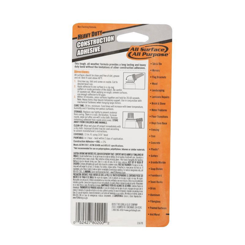 slide 7 of 7, Gorilla Heavy Duty All Purpose Constuction Adhesive 2.5 fl oz, 2.5 fl oz