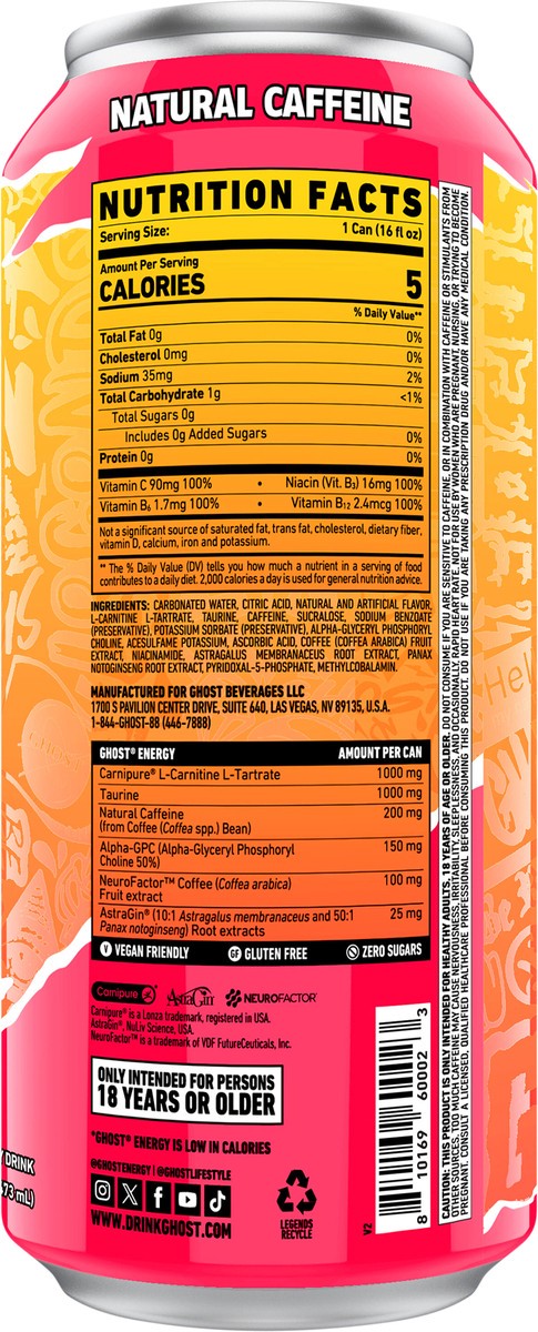 slide 3 of 12, Ghost Zero Sugar Energy Drink, Strawbango, 16 fl oz can, 16 fl oz