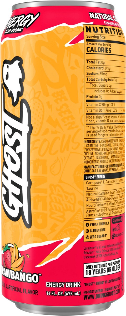 slide 2 of 12, Ghost Zero Sugar Energy Drink, Strawbango, 16 fl oz can, 16 fl oz