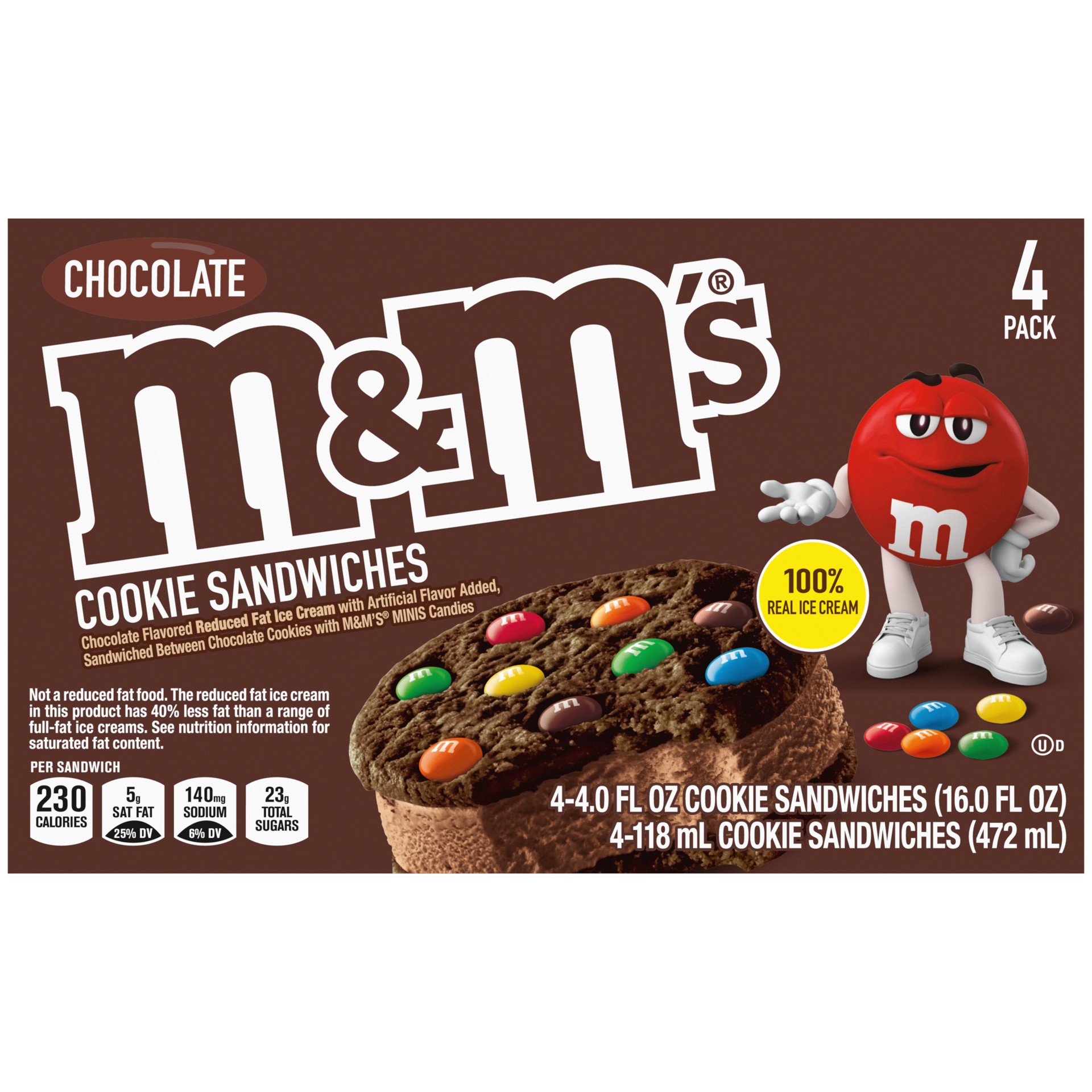 slide 1 of 1, M&M's Chocolate Ice Cream Cookie Sandwiches, 4 Ct Box, 16 fl oz