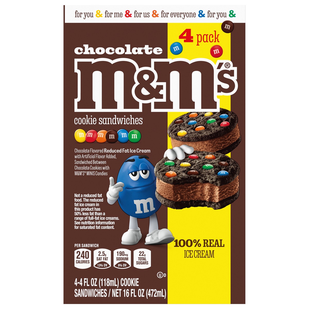 slide 1 of 12, M&M's Ice Cream Chocolate Cookie Sandwiches, Reduced Fat Chocolate Ice Cream Dessert Cookie Sandwich, 4 Pack, 4 Oz, 16 fl oz