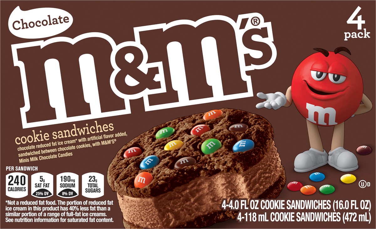 slide 3 of 12, M&M's Chocolate Ice Cream Cookie Sandwiches, 4 Ct Box, 16 fl oz