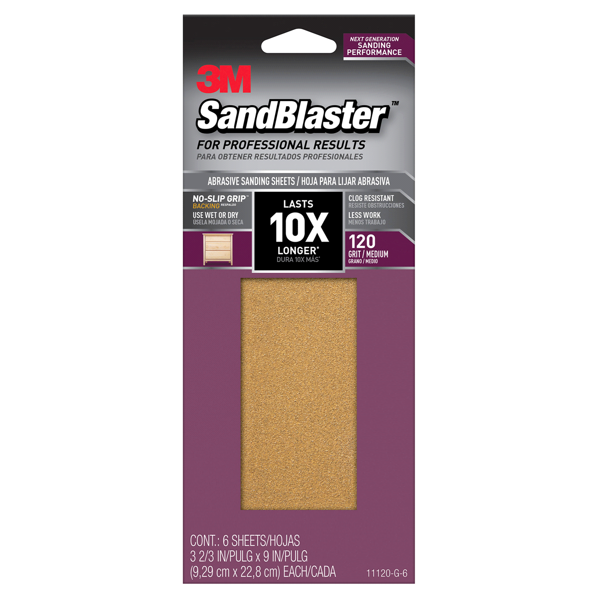 slide 1 of 1, 3M SandBlaster Sandpaper with NO-SLIP GRIP Backing, Gold, 3-2/3 inch x 9 inch, 6 Sheets/Pack, 1 ct