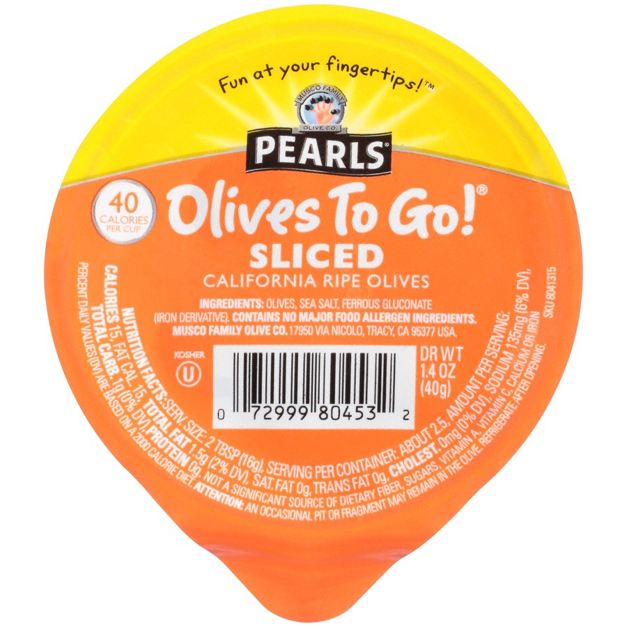 slide 1 of 8, Pearls Olives To Go! Sliced California Ripe Olives, 1.4 oz