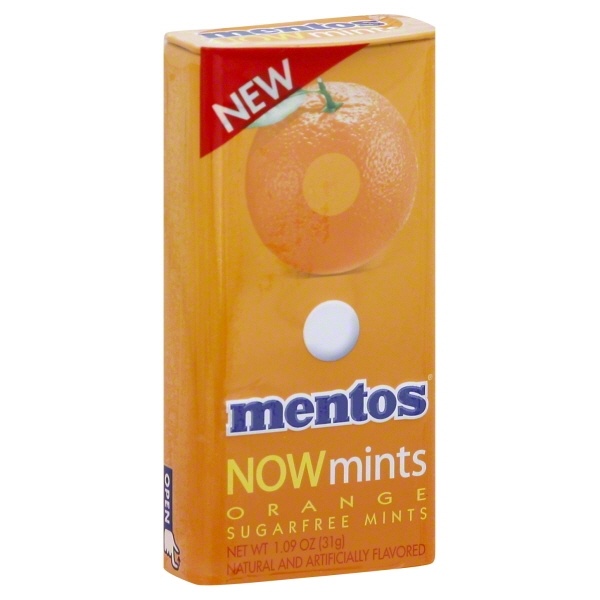 slide 1 of 1, Mentos Now Mints Orange Sugarfree Mints, 1.09 oz