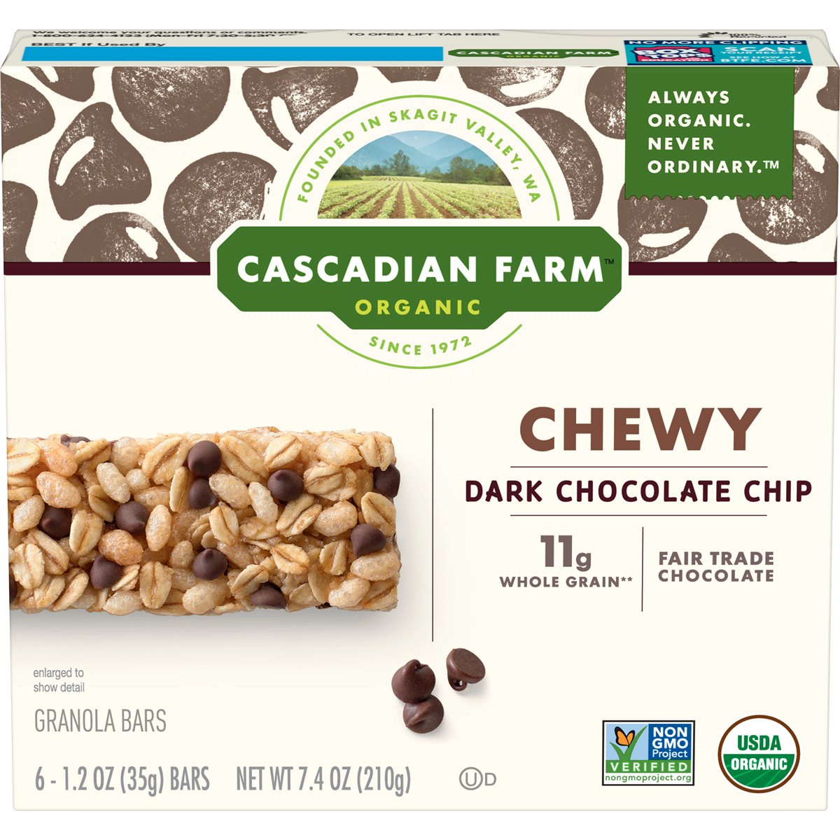 slide 1 of 10, Cascadian Farm Organic Chocolate Chip Chewy Granola Bars, 6 ct