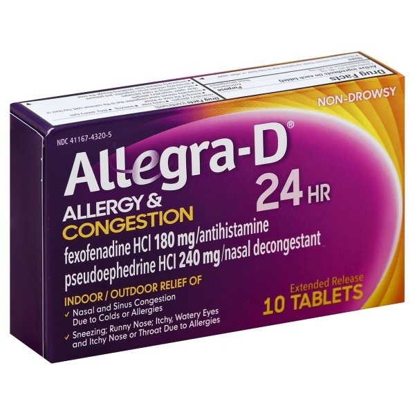 slide 1 of 1, Allegra 24 Hour Non-Drowsy Allergy Congestion Extended Release Tablets, 10 ct