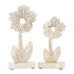 Natural And White Wood Daisies On Stands, Set Of 2