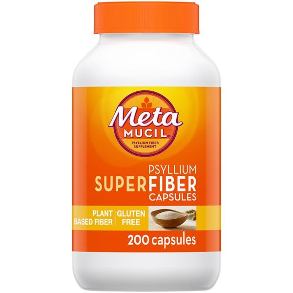 slide 1 of 1, Metamucil Superfiber Supplement Powder, Gluten Free And Sugar Free, 100% Natural Psyllium Fiber, Capsules, 200 Count, 200 ct