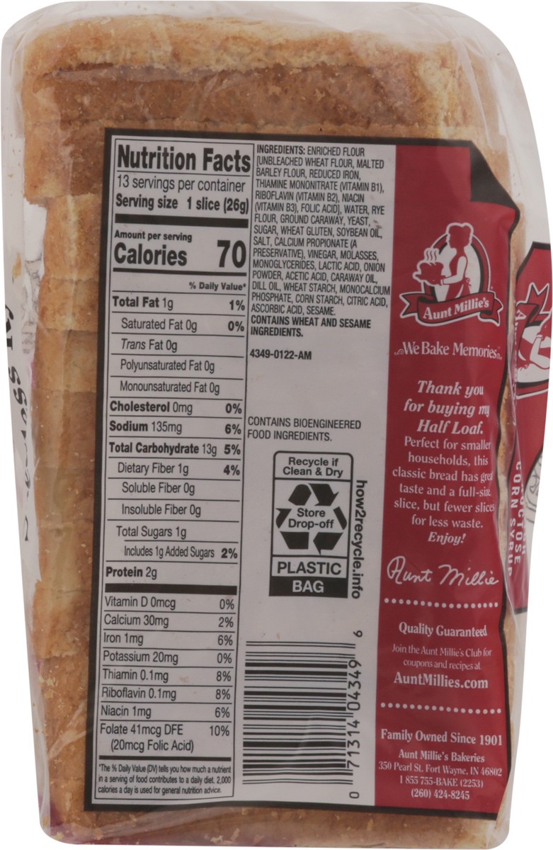 slide 5 of 14, Aunt Millie's Half Loaf Seedless Rye Bread 12 oz, 12 oz