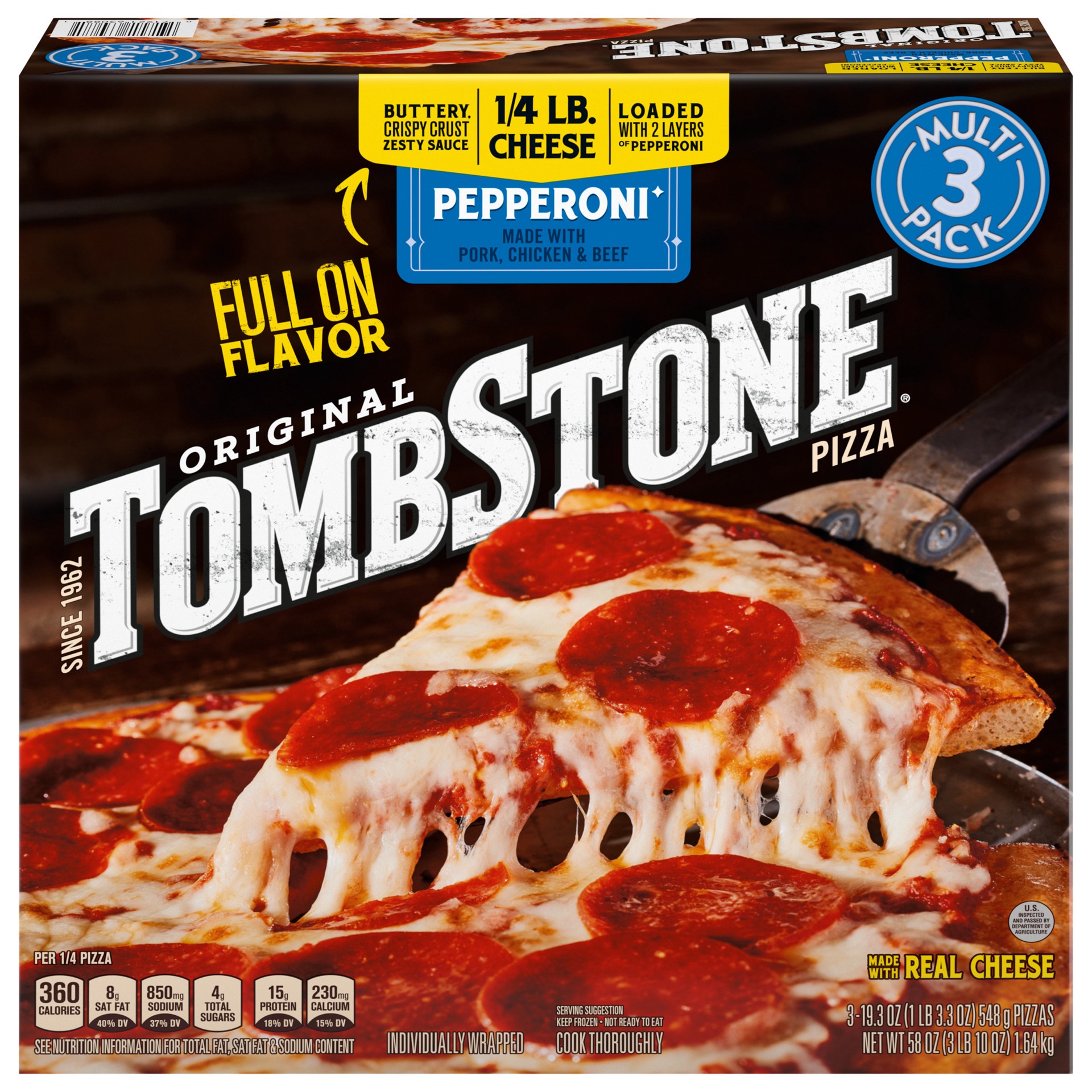 slide 1 of 6, TOMBSTONE Original Pepperoni Pizza 3x19.3oz Pack, 58 oz