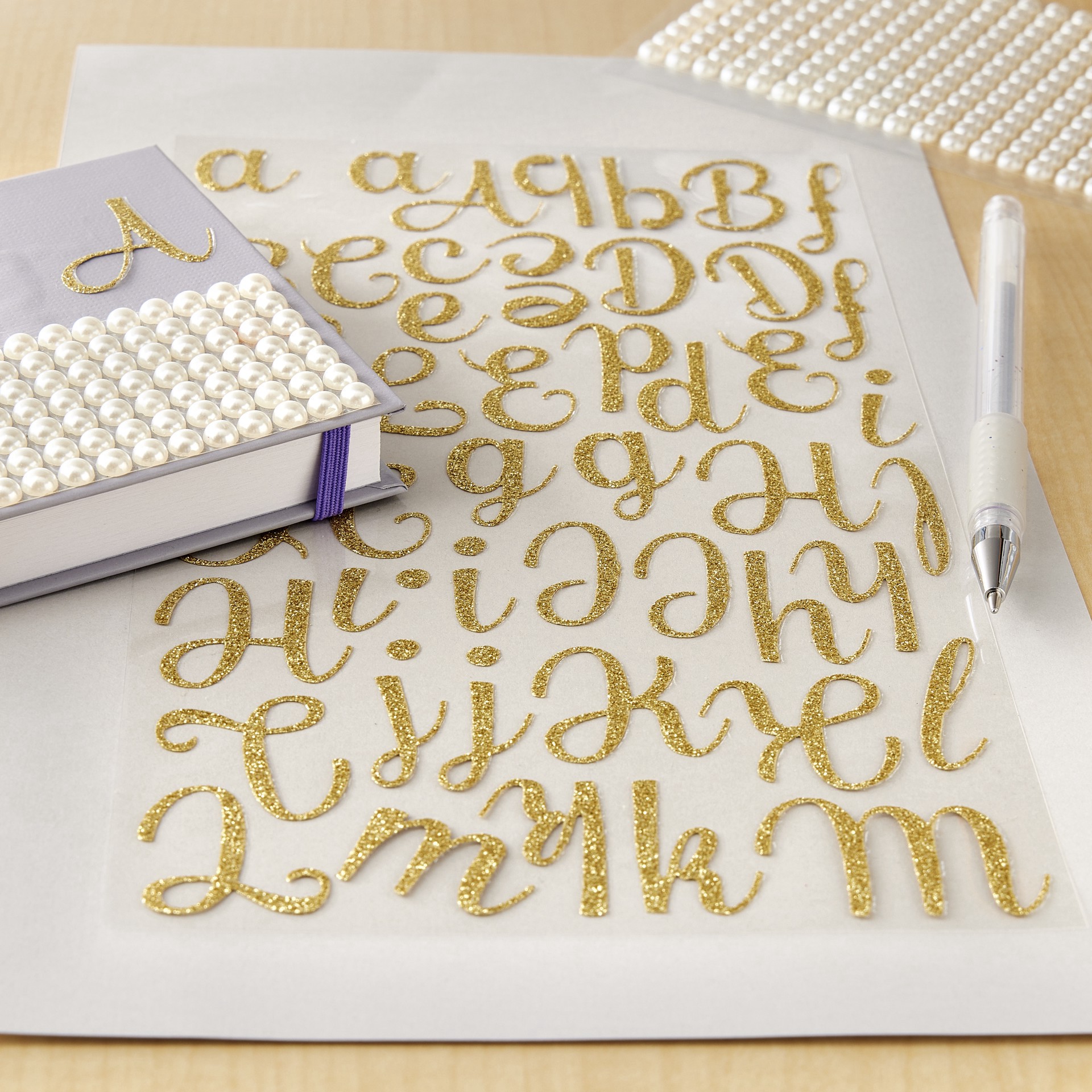 slide 2 of 5, Gold Glitter Script Alphabet Stickers By Recollections, 9.5 in x 5.5 in