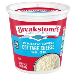 Breakstone's Small Curd Low fat Cottage Cheese with 2% Milkfat delivers the classic cottage cheese taste and texture you know and love with less fat. This small curd cottage cheese is made with cultured pasteurized Grade A skim milk and cream.