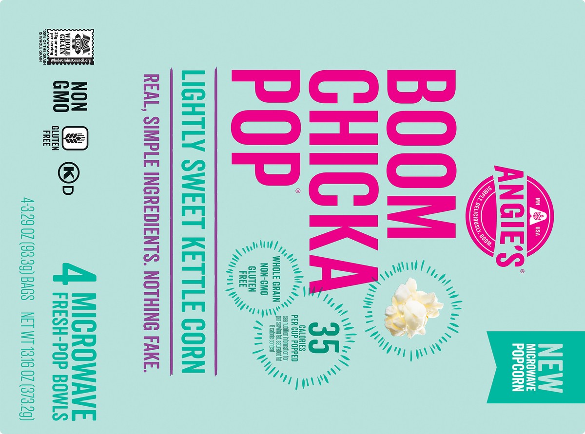 slide 3 of 7, BOOMCHICKAPOP Angie's BOOMCHICKAPOP Lightly Sweet Kettle Corn Microwave Popcorn, (4) 3.29 Fresh-Pop Bowls, 4 ct; 3.29 oz