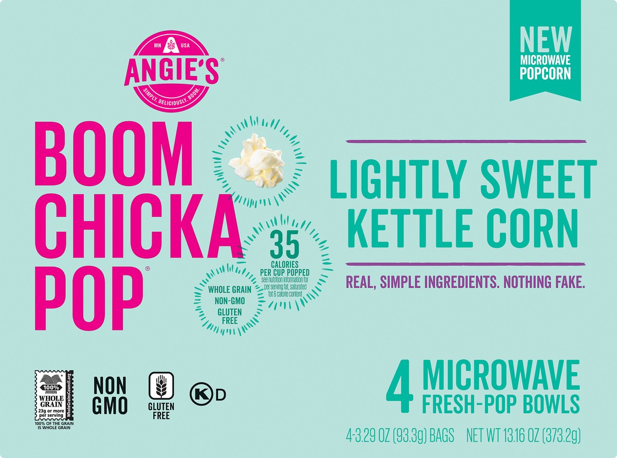 slide 4 of 7, BOOMCHICKAPOP Angie's BOOMCHICKAPOP Lightly Sweet Kettle Corn Microwave Popcorn, (4) 3.29 Fresh-Pop Bowls, 4 ct; 3.29 oz