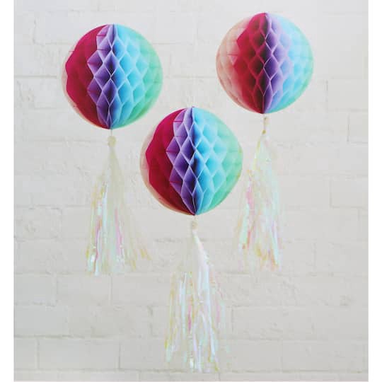 slide 1 of 3, Multicolor Honeycomb Ball With Tassel Decor, 3ct. By Celebrate It, 3 ct