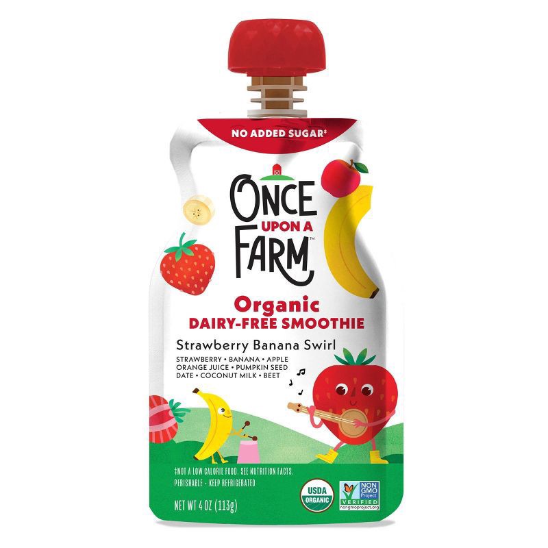 slide 1 of 3, Once Upon a Farm Organic Dairy-Free Strawberry Banana Swirl Smoothie 4 oz, 4 oz