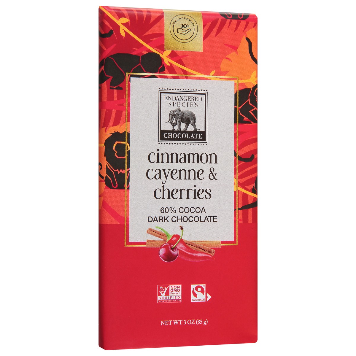 slide 5 of 9, Endangered Species Dark Chocolate with Cinnamon Cayenne Cherries, 3 oz