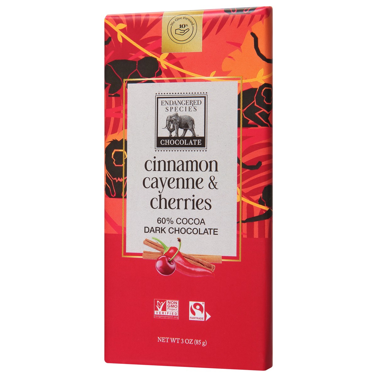 slide 8 of 9, Endangered Species Dark Chocolate with Cinnamon Cayenne Cherries, 3 oz