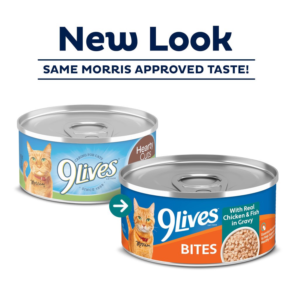 slide 3 of 6, 9Lives Bites Wet Cat Food with Real Chicken & Fish in Gravy, 5.5 oz. Can, 5.5 oz