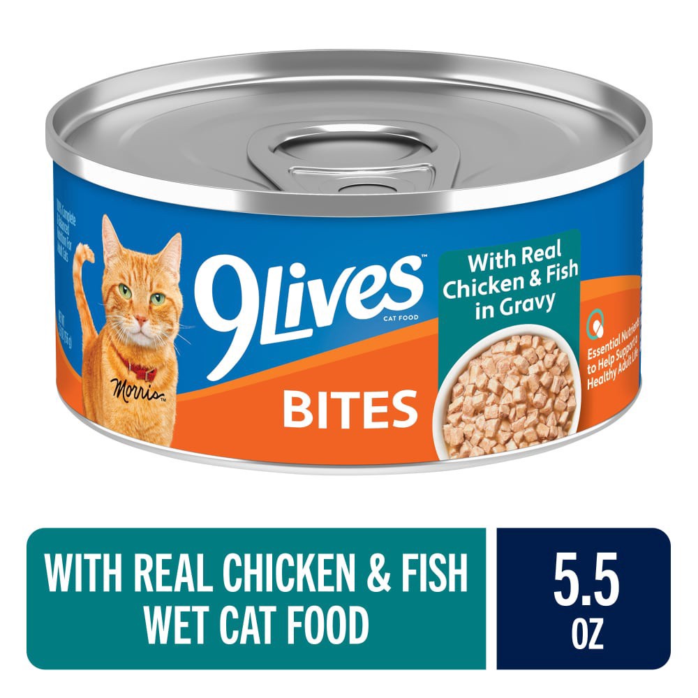 slide 4 of 6, 9Lives Bites Wet Cat Food with Real Chicken & Fish in Gravy, 5.5 oz. Can, 5.5 oz