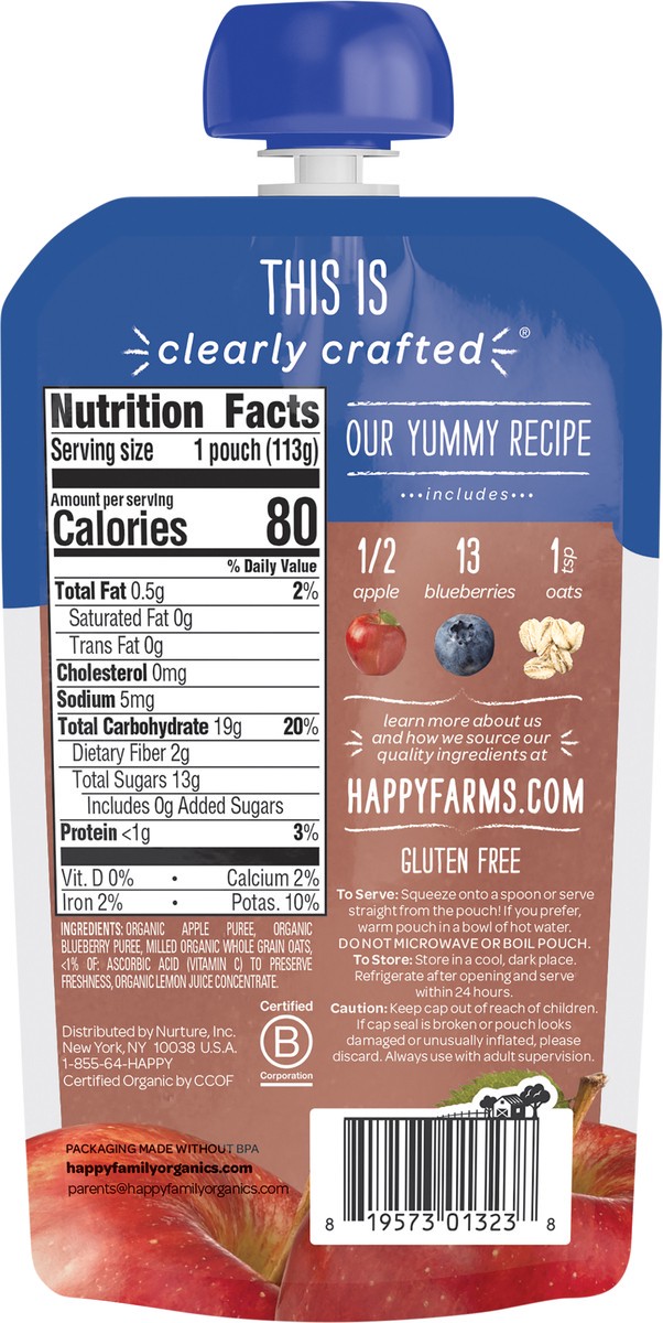 slide 2 of 3, Happy Baby Organics Clearly Crafted Stage 2 Apples, Blueberries & Oats Pouch 4oz UNIT, 4 oz