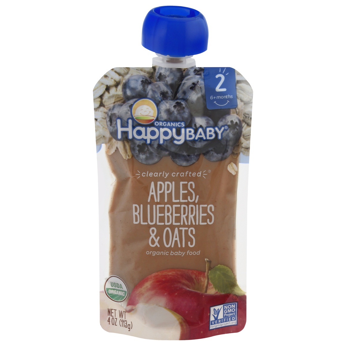 slide 1 of 6, Happy Baby Organics Clearly Crafted Stage 2 Apples, Blueberries & Oats Pouch 4oz UNIT, 4 oz