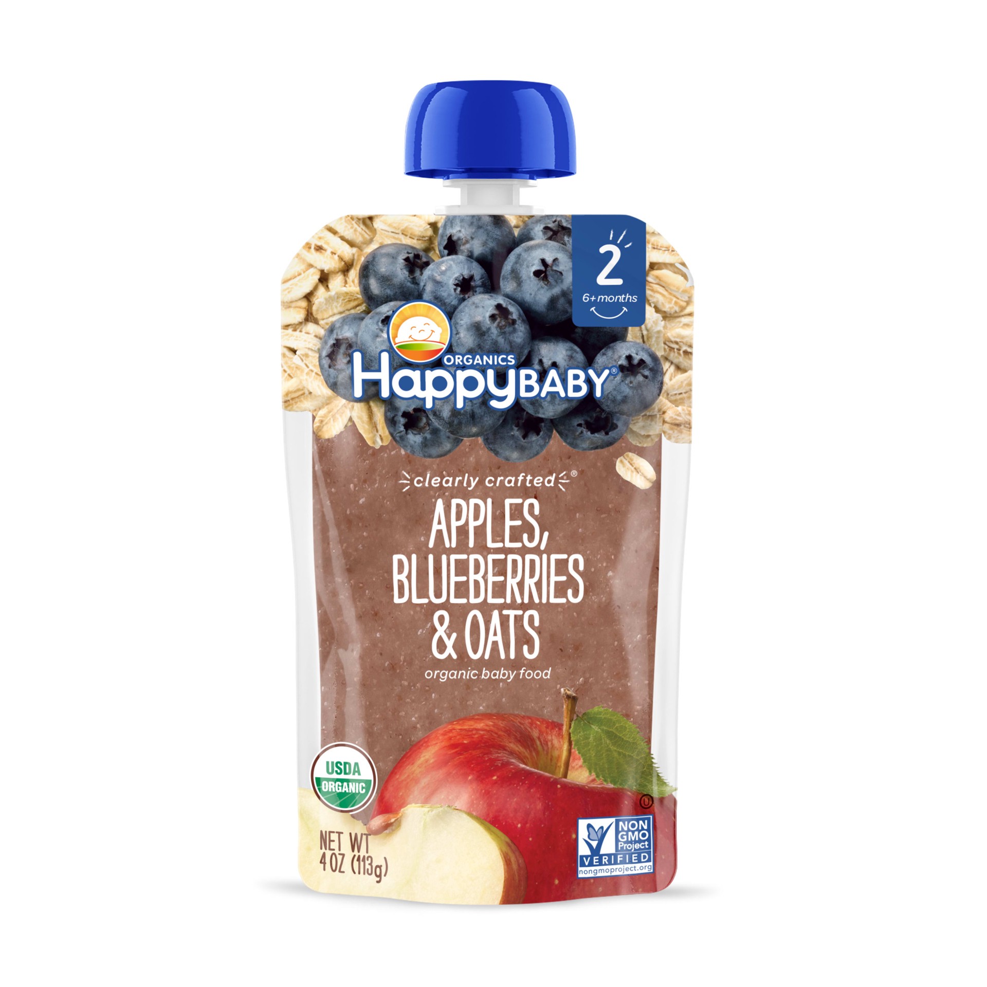 slide 1 of 3, Happy Baby Organics Clearly Crafted Stage 2 Apples, Blueberries & Oats Pouch 4oz UNIT, 4 oz