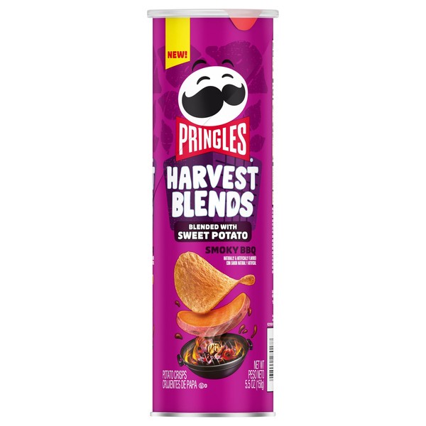 slide 1 of 2, Pringles Harvest Blends Potato Crisps Chips, Lunch Snacks, Blended with Sweet Potato, Smoky BBQ, 5.5oz Can, 5.50 oz