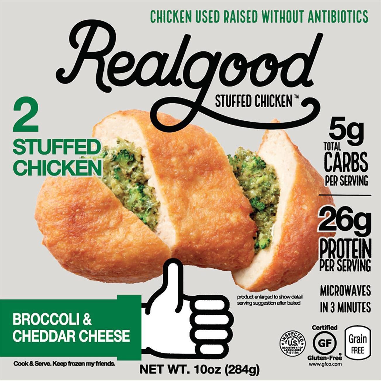 slide 1 of 3, Realgood Broccoli & Cheddar Cheese Stuffed Chicken 2 ea, 10 oz