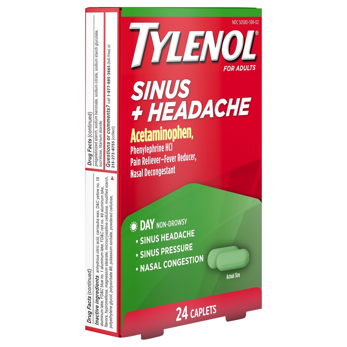 slide 3 of 8, Tylenol Sinus + Headache Daytime Non-Drowsy Relief Caplets, Acetaminophen 325mg, Nasal Decongestant for Sinus Pressure, Headache & Nasal Congestion Relief, 24 ct, 24 ct