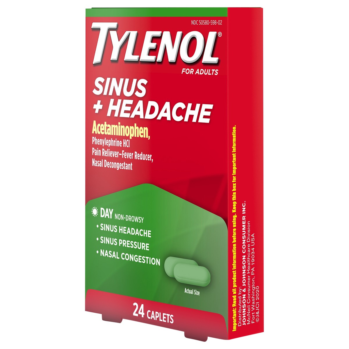 slide 8 of 8, Tylenol Sinus + Headache Daytime Non-Drowsy Relief Caplets, Acetaminophen 325mg, Nasal Decongestant for Sinus Pressure, Headache & Nasal Congestion Relief, 24 ct, 24 ct