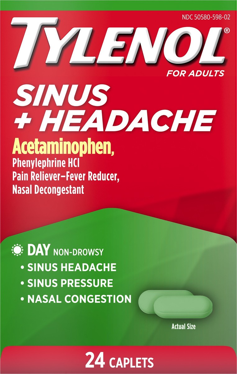 slide 7 of 8, Tylenol Sinus + Headache Daytime Non-Drowsy Relief Caplets, Acetaminophen 325mg, Nasal Decongestant for Sinus Pressure, Headache & Nasal Congestion Relief, 24 ct, 24 ct