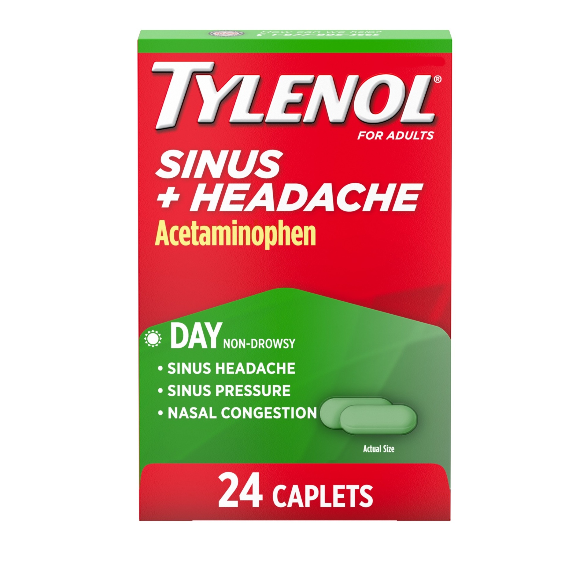 slide 1 of 6, Tylenol Sinus + Headache Daytime Non-Drowsy Relief Caplets, Acetaminophen 325mg, Nasal Decongestant for Sinus Pressure, Headache & Nasal Congestion Relief, 24 ct