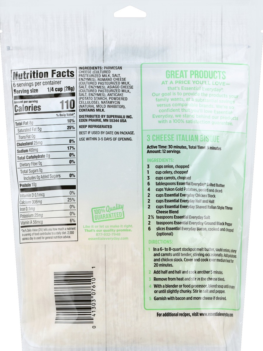 slide 2 of 6, Essential Everyday Three Cheese Blend, Italian Style, Shaved, 6 Ounce, 6 oz