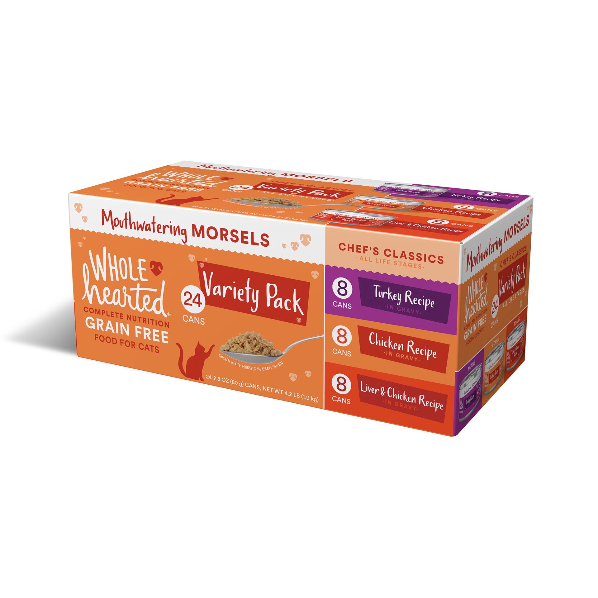 slide 1 of 1, WholeHearted All Life Stages Grain-Free Chef's Classics Morsels in Gravy Wet Cat Food Variety Pack, 2.8 oz., Count of 24, 1 ct
