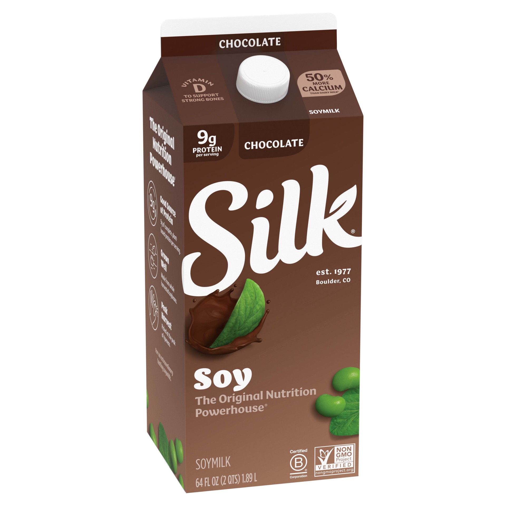 slide 4 of 5, Silk Soy Milk, Chocolate, Dairy Free, Gluten Free, Vegan Milk with Vitamin D to Help Support Strong Bones, 64 FL OZ Half Gallon, 64 fl oz