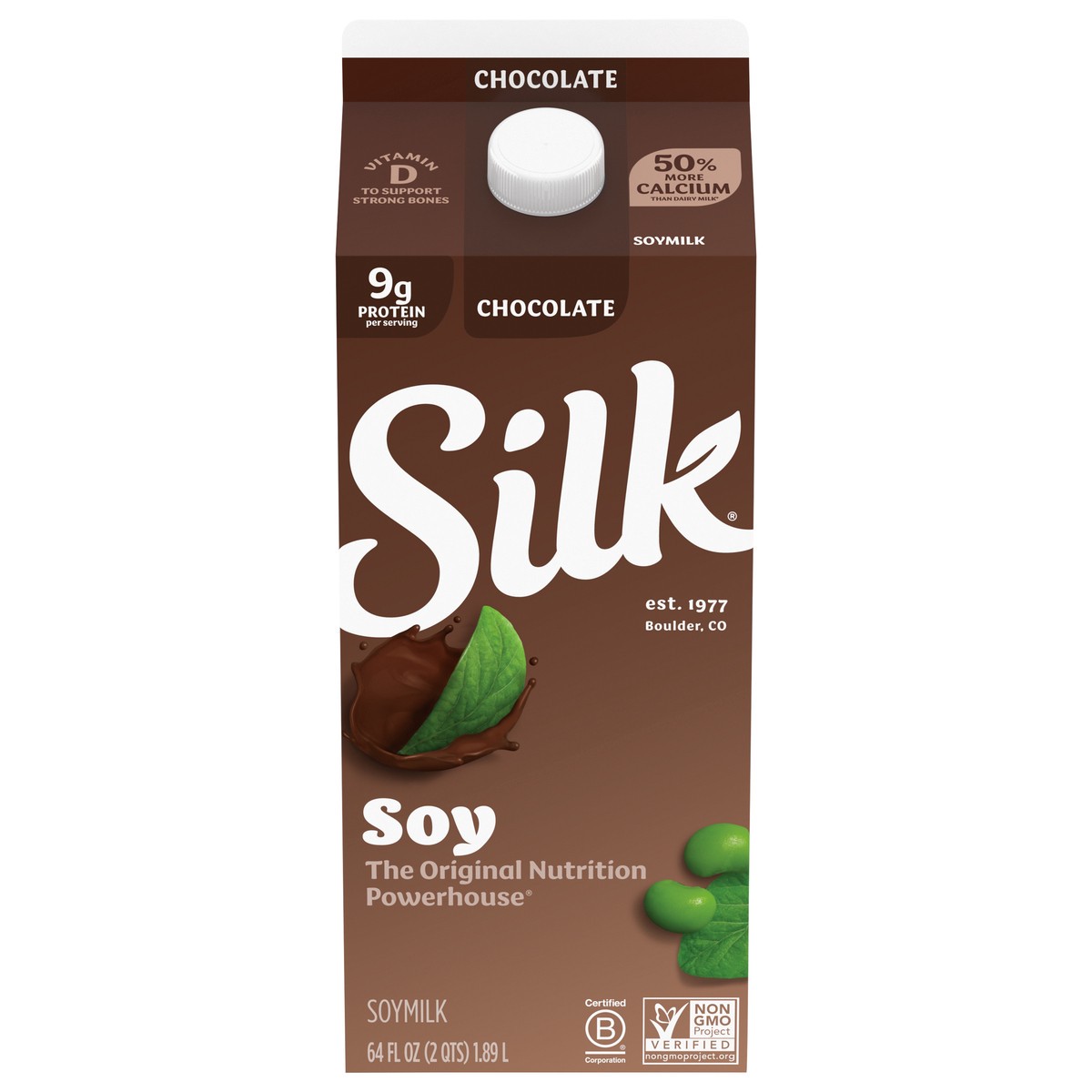 slide 1 of 5, Silk Soy Milk, Chocolate, Dairy Free, Gluten Free, 64 FL OZ Half Gallon, 64 fl oz