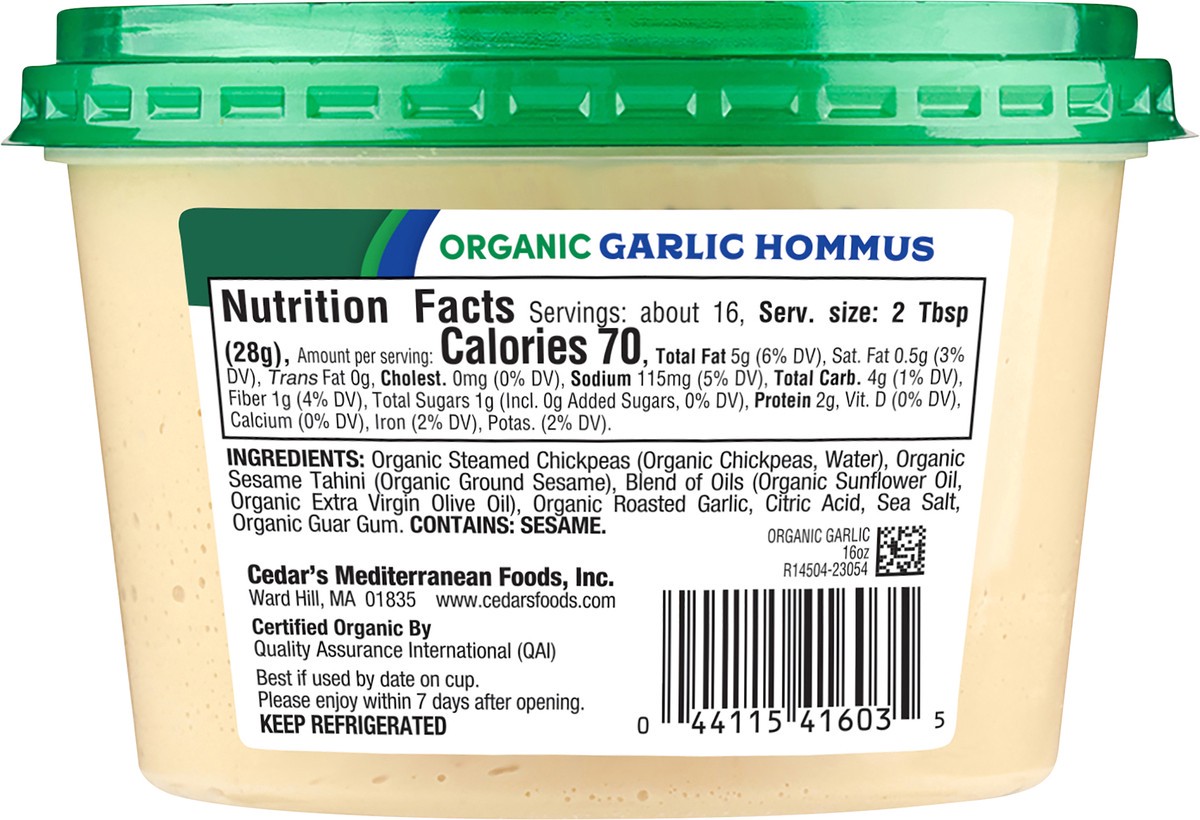 slide 4 of 4, Cedar's Foods Organic Garlic Hommus, 16 oz