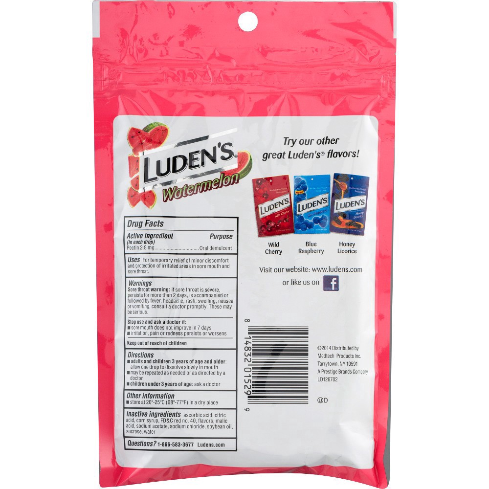 slide 6 of 10, Luden's Sore Throat Drops, For Minor Sore Throat Relief, Watermelon, 25 Count, 25 ct