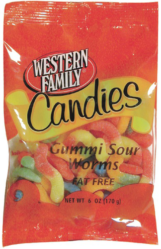 slide 1 of 1, Western Family Candies Gummy Sour Worms, 6 oz