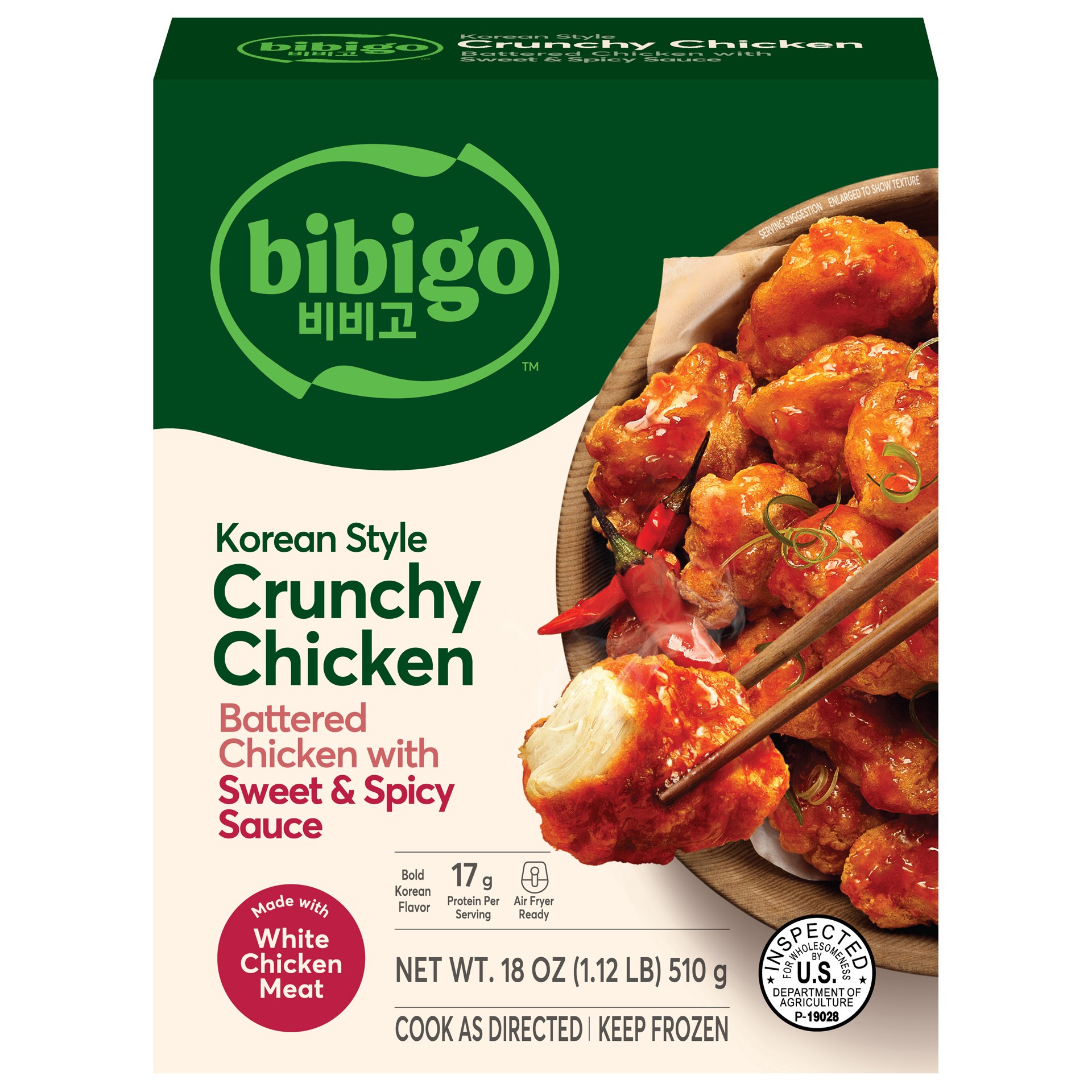 slide 1 of 9, Bibigo Korean Style Crunchy Chicken with Sweet & Spicy Sauce, 18 oz